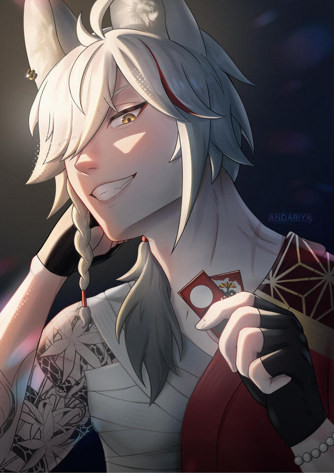 Reiji (OC) holding Hanafuda cards with a mischievous smirk